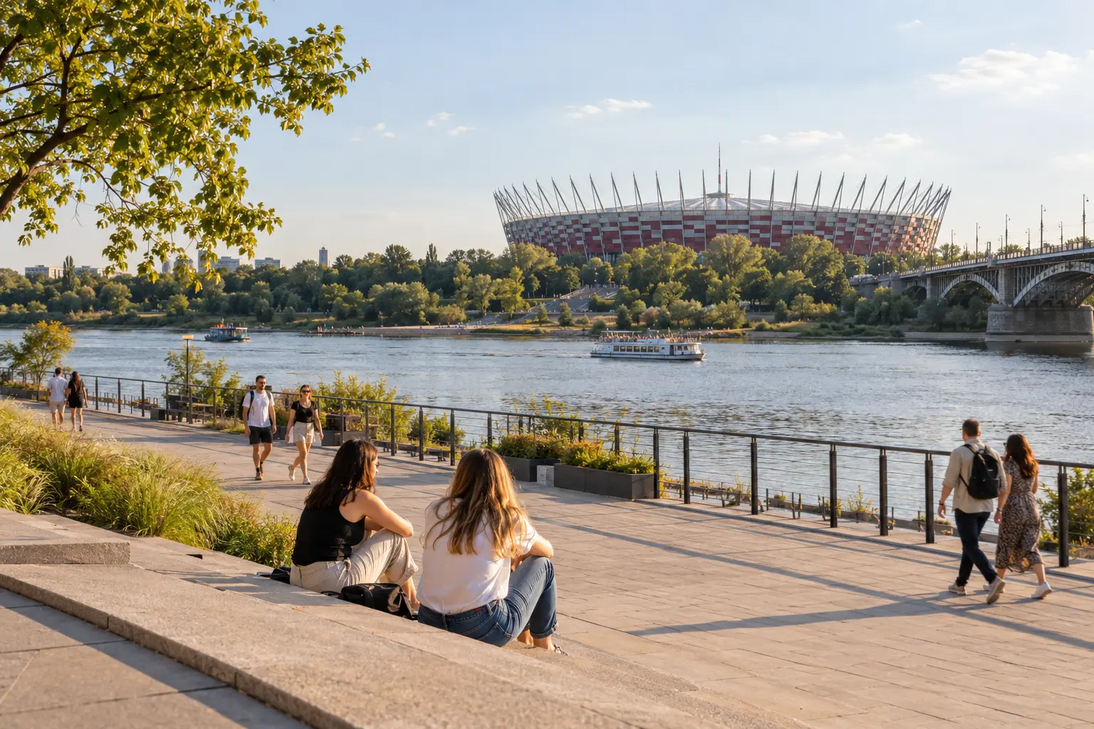 Ludzie spacerują i odpoczywają na bulwarach nad Wisłą w Warszawie, z widokiem na Stadion Narodowy.
